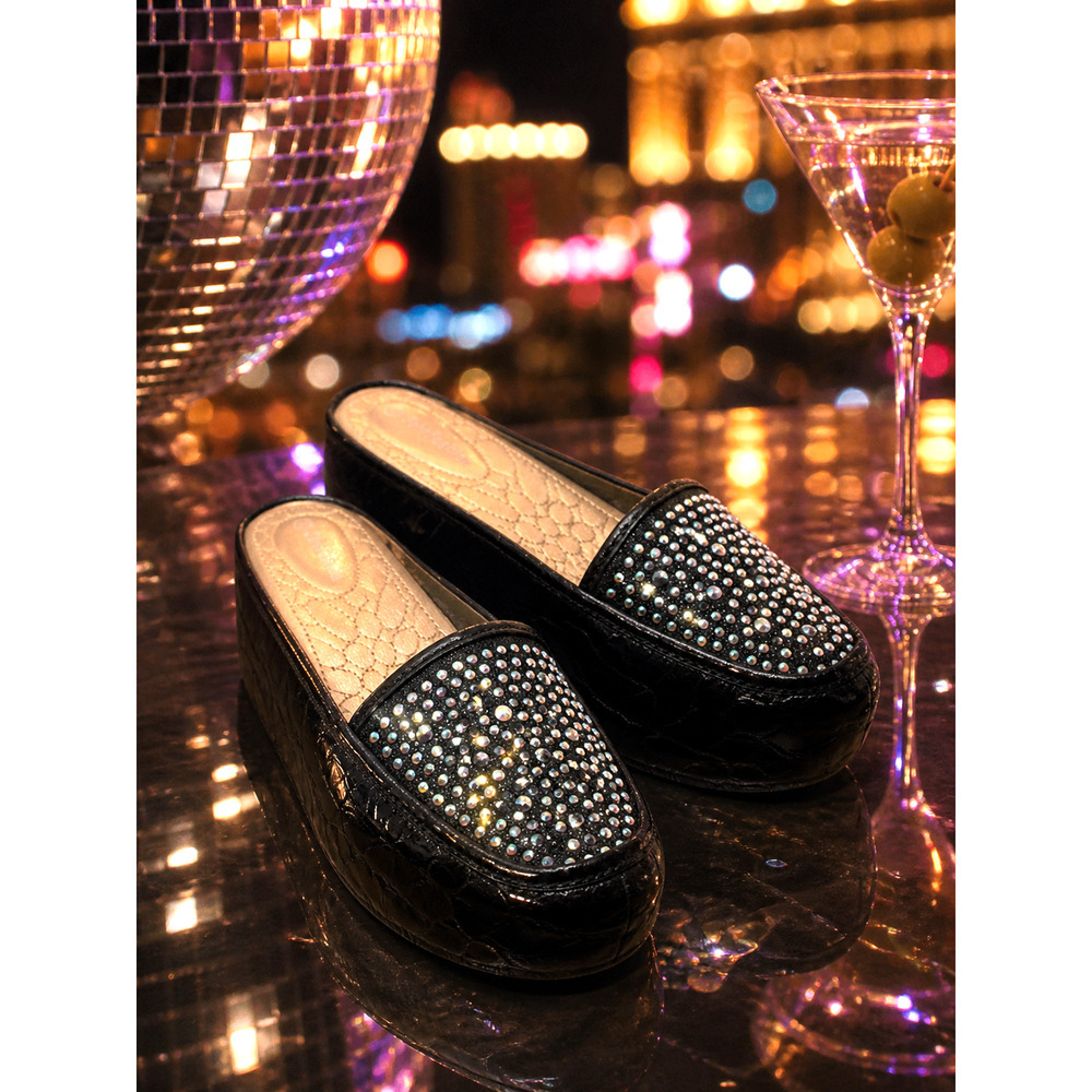 John Fashion Black Rhinestone Mule Slides Flatform Sparkle AB Crystal Sz 10